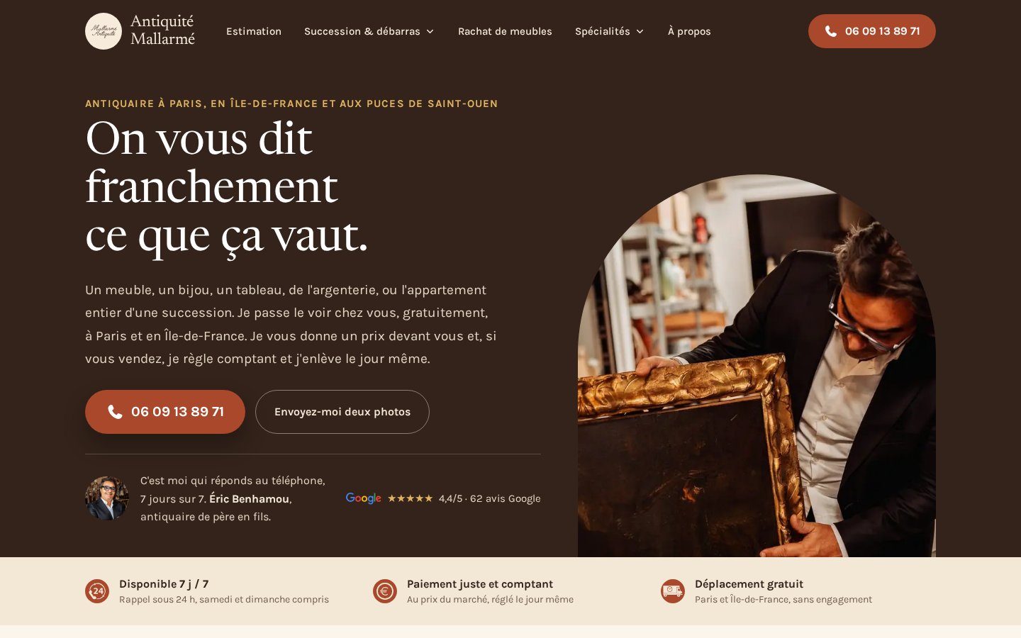 Page d'accueil du site Antiquité Mallarmé, antiquaire et estimation à Saint-Ouen
